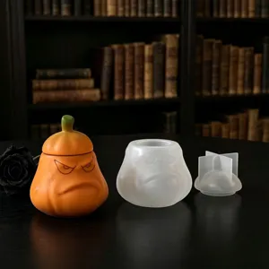 Halloween angry pumpkin candle jar silicone mold detail view, DIY epoxy resin casting tool.