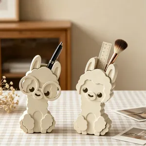 Cute alpaca desktop storage holder, creative pen and brush organizer for home and office decor.