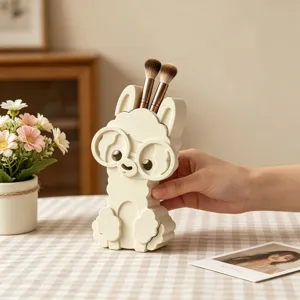 Cute alpaca storage jar and makeup brush holder with glasses, creative desktop organizer.