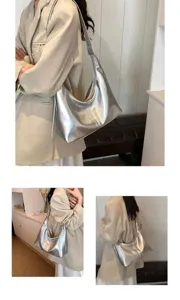 Korean style soft PU leather shoulder bag large capacity metallic silver hobo tote