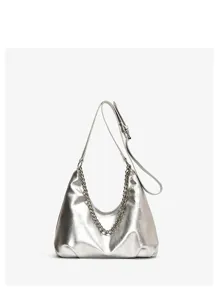 Silver metallic hobo tote bag for women, stylish chain shoulder handbag for daily commute.