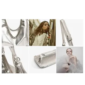 Silver metallic commuter tote bag with chain strap, stylish underarm shoulder bag for women.