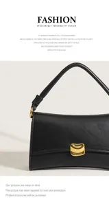 Detailed view of black leather baguette shoulder bag with chic gold hardware, stylish.