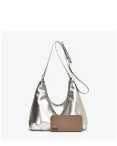 Silver metallic hobo shoulder bag for women, stylish metal chain strap commuter handbag tote.