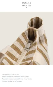 Stripe canvas bag detail close-up, durable material with smooth metal zipper for daily use.