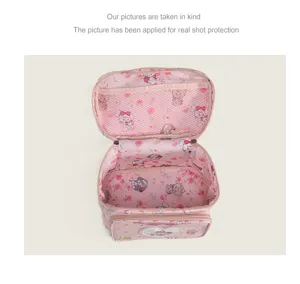 Pink cosmetic bag with large capacity, cute animal print lining, portable square vanity case.