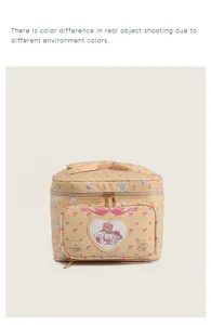 Close-up detail of cute cartoon bear print cosmetic bag with secure zipper and handle design.
