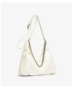 White PU leather shoulder bag with chic metal chain detail and adjustable strap for daily use.