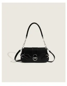 Black PU leather shoulder bag detail featuring metallic lock buckle and chain strap.