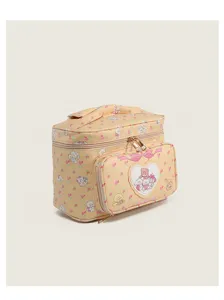 Cute cartoon print cosmetic bag detail showcasing the zipper, handle and front heart patch.