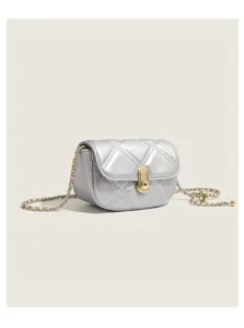 Silver mini quilted crossbody bag with gold chain strap, chic and compact square design for women.