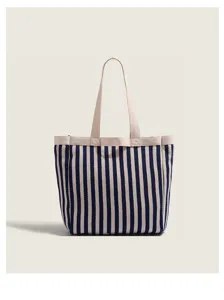 Blue and white striped canvas tote bag for women, large capacity casual commuting shoulder bag.