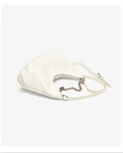 White chic shoulder bag with metallic chain strap and minimalist design for women.