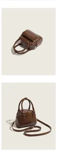 Chic retro brown top-handle cross-body bag detail, elegant leather shell bag for women stylish.