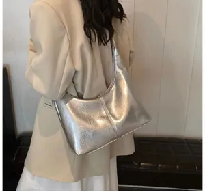 Metallic silver soft PU leather hobo shoulder bag, large capacity stylish daily tote.