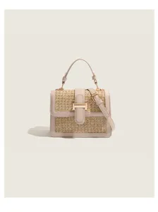 Woven straw crossbody bag detail, PU leather trim, metal square clasp, casual summer handbag.