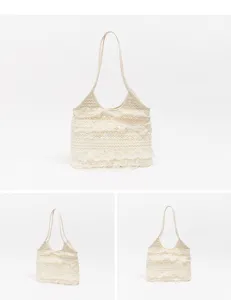 Sac à épaule en crochet de dentelle beige, élégant sac d'aisselle en filet d'été détail.