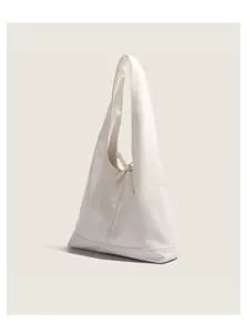 Detailed view of white minimalist shoulder tote bag, sleek triangular design for daily use.