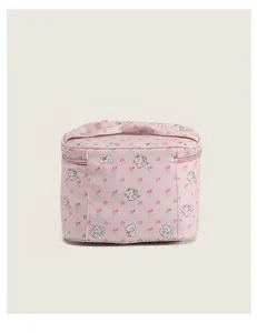 Detailed view of the pink cosmetic bag featuring a cute cartoon cat pattern and top handle.