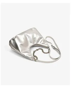 Metallic silver hobo shoulder bag detail featuring a stylish chain and leather strap design.