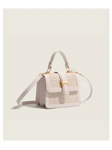 Woven Straw Crossbody Bag Women Summer Casual PU Leather Patchwork Top Handle Handbag