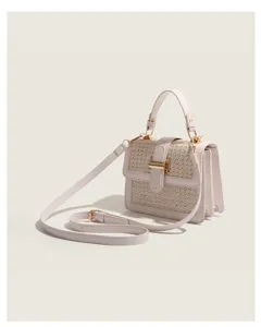 Exquisite details of the pink straw woven handbag showcasing premium leather trim and gold lock.