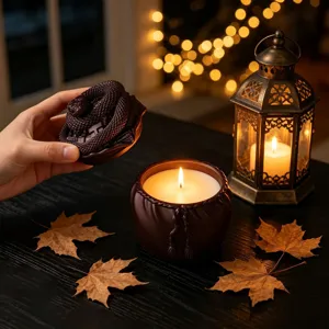 Vista detallada del tarro de vela de serpiente con luz cálida y hojas de otoño para ambientación.