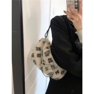 Stylish autumn winter plush leopard print shoulder bag fluffy baguette handbag with chain