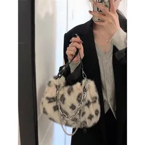 Women Fashion Leopard Print Plush Bag Soft Fluffy Baguette Bag Casual Versatile Single Shoulder Crossbody Bag
