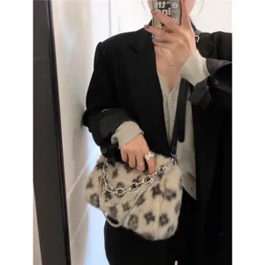 Leopard print fluffy shoulder bag for women soft plush crossbody baguette handbag chic winter