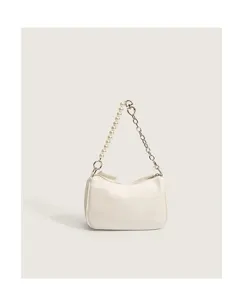 White underarm shoulder bag with pearl and chain strap, pleated PU leather chic women purse.
