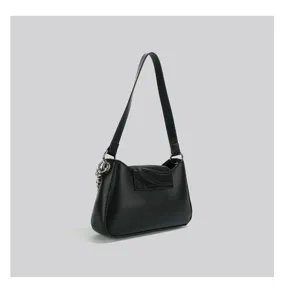 Black minimalist shoulder bag for women, chic commuter handbag with stylish silver chain hardware.