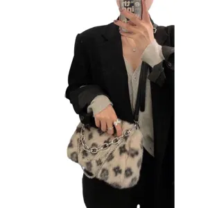 Autumn winter leopard print plush shoulder bag fluffy baguette handbag for women chic chain
