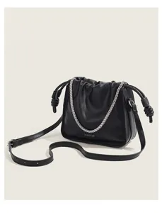 Black pleated chain shoulder bag, stylish casual crossbody bag for women, detail view.
