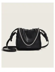Black pleated chain shoulder bag, stylish faux leather crossbody bag with knot strap detail.