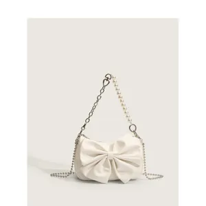 White chic bow handbag with pearl chain strap, elegant shoulder bag for women daily wear.