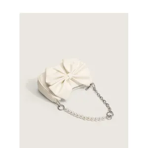 White bow underarm shoulder bag with pearl and chain strap, elegant women fashion handbag main