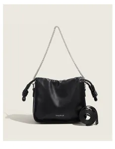 Women's black pleated shoulder bag with silver chain strap and stylish side knot details.