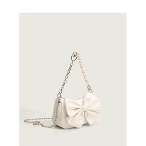 White women shoulder bag with elegant large bow, pearl chain and metal link, main view