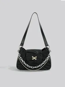 Women Fashion PU Leather Baguette Underarm Bag Trendy Pleated Shoulder Bag With Chain And Bow Retro Chic Handbag