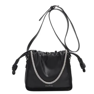 Black leather pleated chain shoulder bag stylish chic women crossbody bag summer daily use