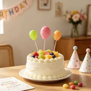 Close-up of colorful balloon shaped candles on a decorated birthday cake for party decor.