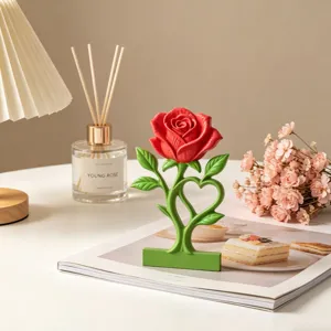Red rose heart stem candle holder home decor aesthetic desktop ornament resin craft gift.
