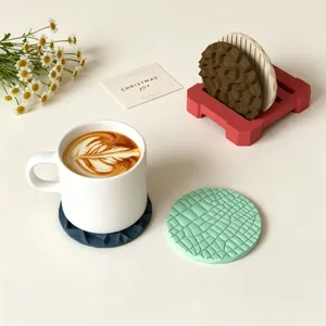 Detailed view of creative geometric silicone coasters set with neat storage base and nice prop scene.