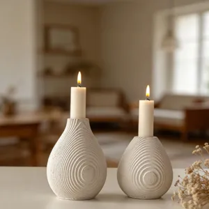 Nordic concrete candlestick holder with ripple design, cement tealight holder detail view.