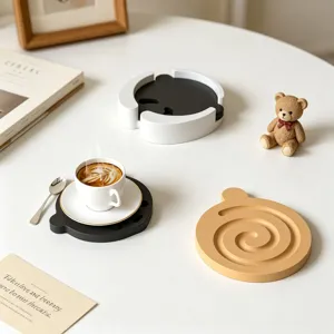 Cute bear and vortex round coaster set, minimalist silicone tray for home coffee table decor.