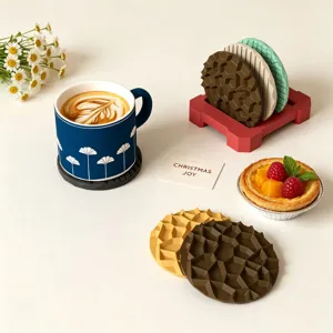 Silicone coaster set with geometric diamond grid pattern and storage base holder for home desk.