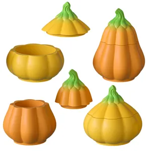 Details of pumpkin silicone mold, DIY aromatic candle jar and storage container views.