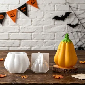Detailed view of DIY pumpkin silicone mold and finished container for Halloween scented candles.