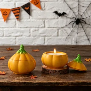 Halloween pumpkin scented candle jar with lid and wooden base, autumn home decor display.